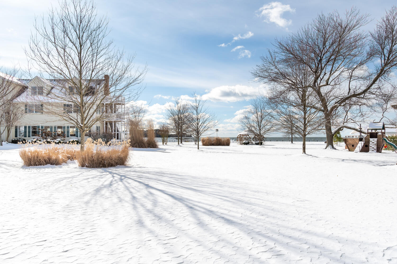The Main Lodge from the snow-covered lawn